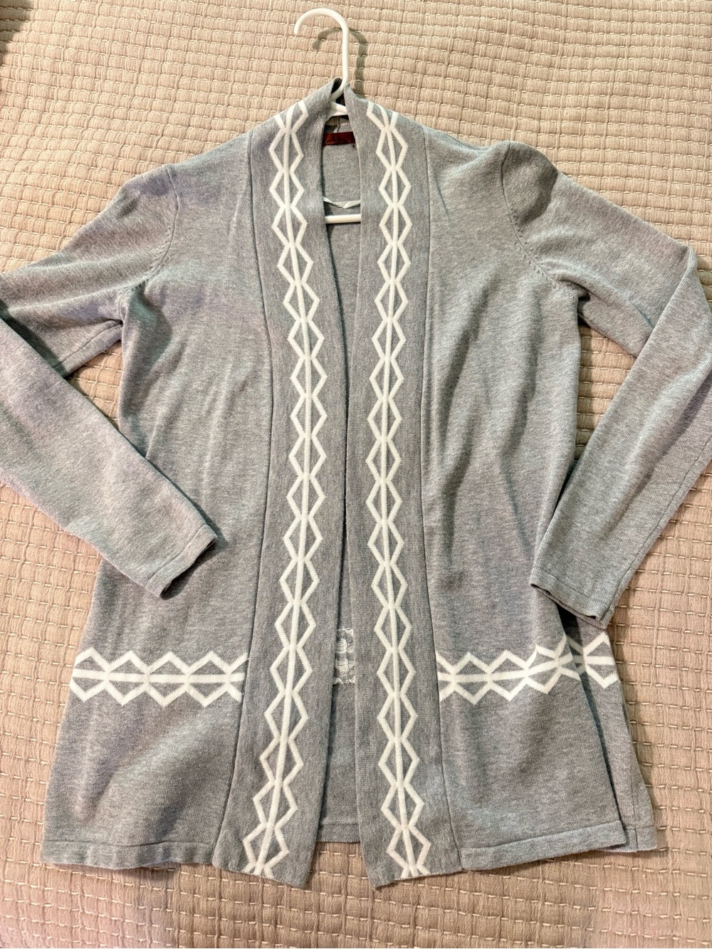 Gray Open-Front Women's Cardigan with White Geometric Trim